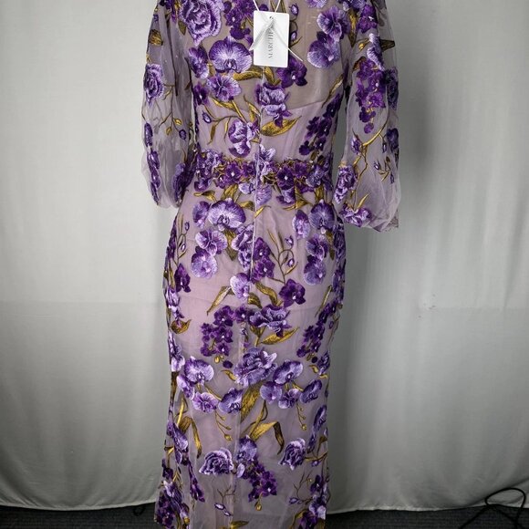 Marchesa Notte Women’s Orchid & Rose Embroidered Tulle Midi Dress Size 0 Purple - Picture 8 of 11